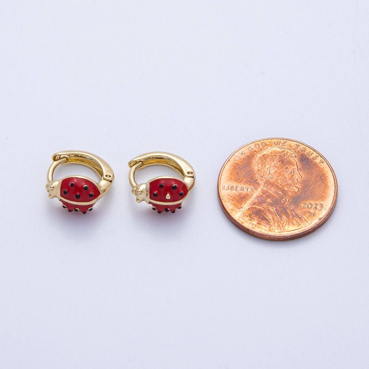 14K Gold Filled 12mm Ladybug Insect Enamel Huggie Earrings | Earrings-00075