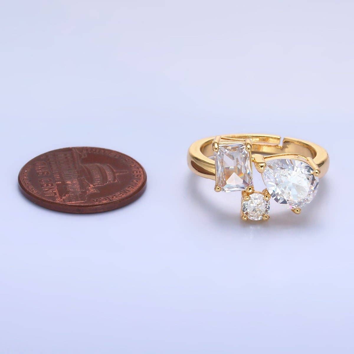 24K Gold Filled Clear CZ Baguette Teardrop Round Ring | O847