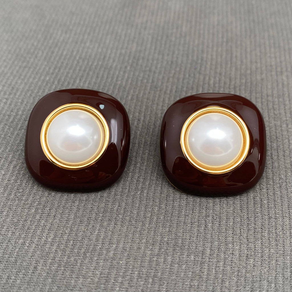 Pearl Inlaid Enamel 18K Gold Plated SS Post Earrings - FGS