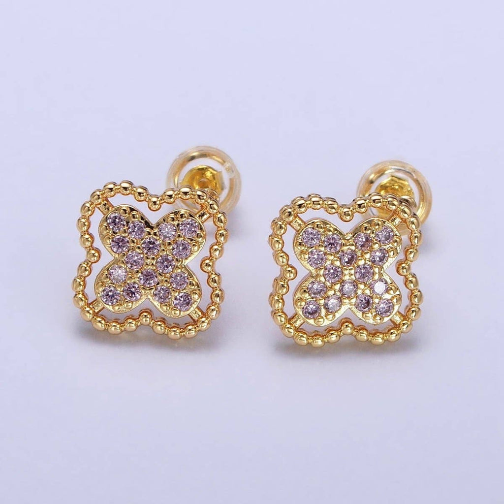 Green, Clear, Pink Micro Paved CZ Beaded Quatrefoil Clover Stud Earrings in Gold & Silver | AB404 - AB409
