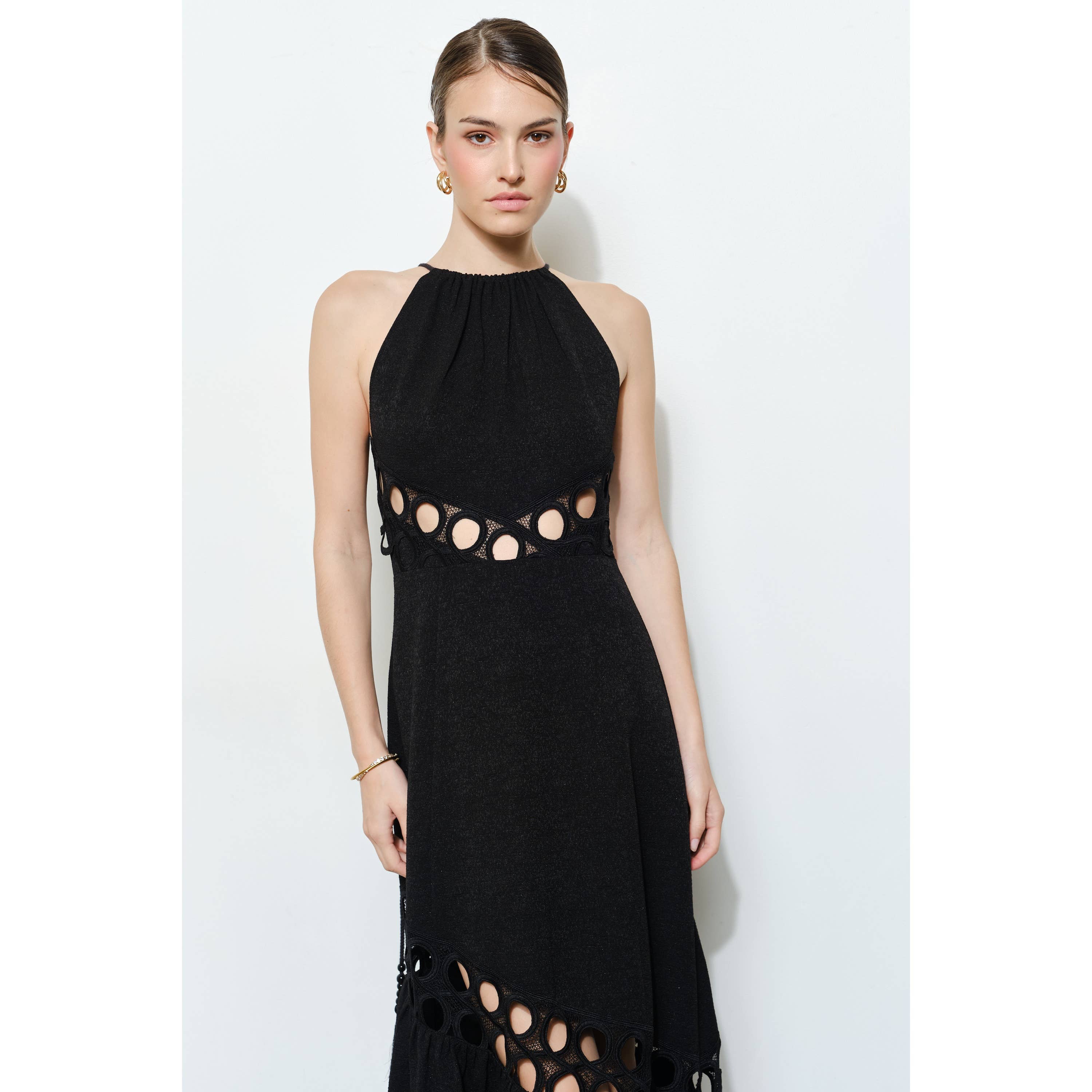 Chic Textured Lace Halter Tassel Draped Midi Dress