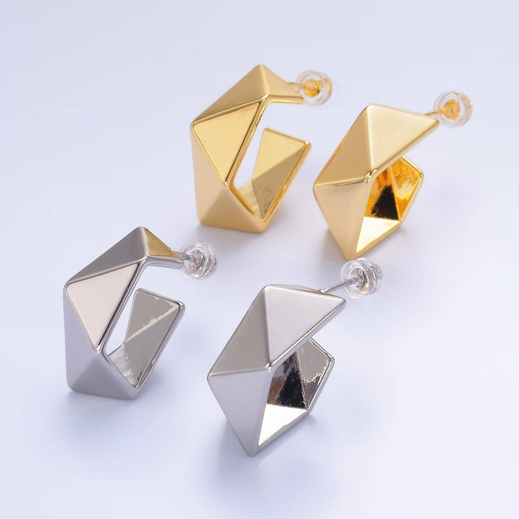 24K Gold Filled 22mm Geometric Edged C-Shaped Hoop Earrings in Gold & Silver | AB879 AB880