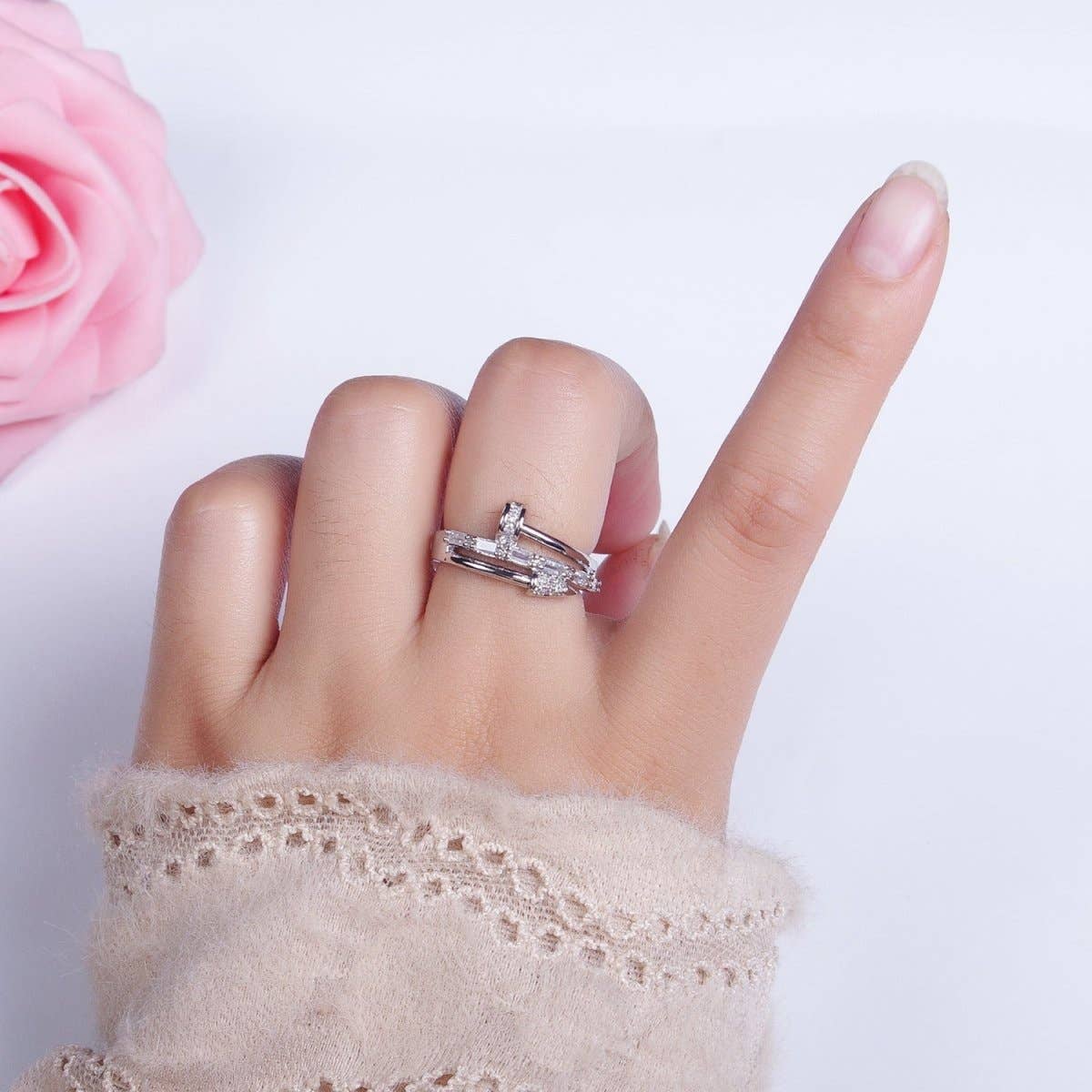 Clear Micro Paved Baguette Adjustable Nail Ring in Gold & Silver |  O-258