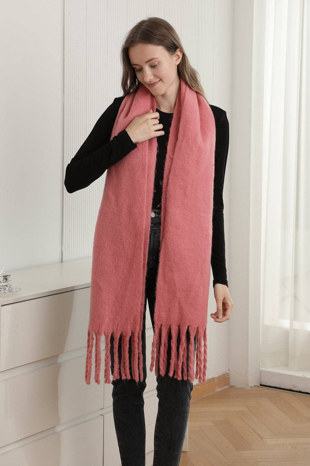 JS2416 Solid color Oblong Scarf with Fringe