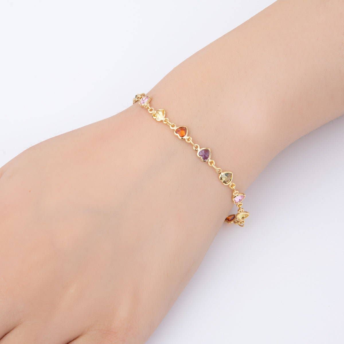 18K Gold Filled Clear, Multicolor, Red CZ Heart Star Sideway Straight 7 Inch Bracelet | WA-03781 ~ WA-03782
