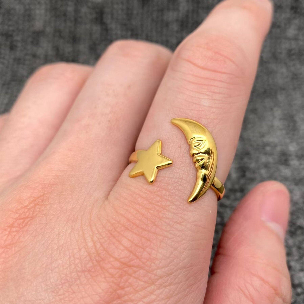 Star Moon 18K Gold Plated S.Steel Adjustable Ring - FGS/MS