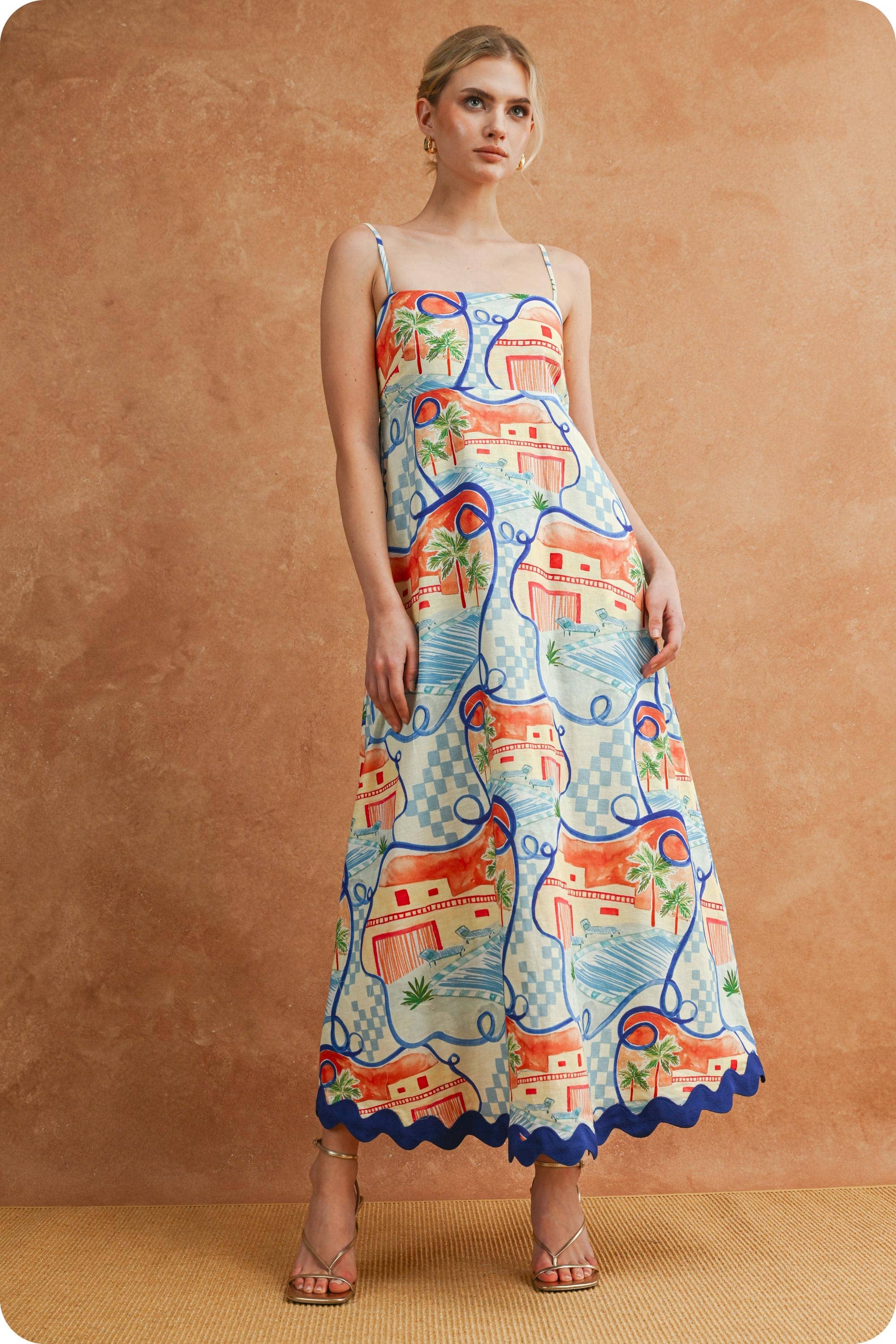 Riviera Dream Scalloped Sleeveless Midi Dress