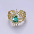 Teardrop Aqua CZ March Birthstone Micro Paved Triple Band Statement Gold Ring | O-2182