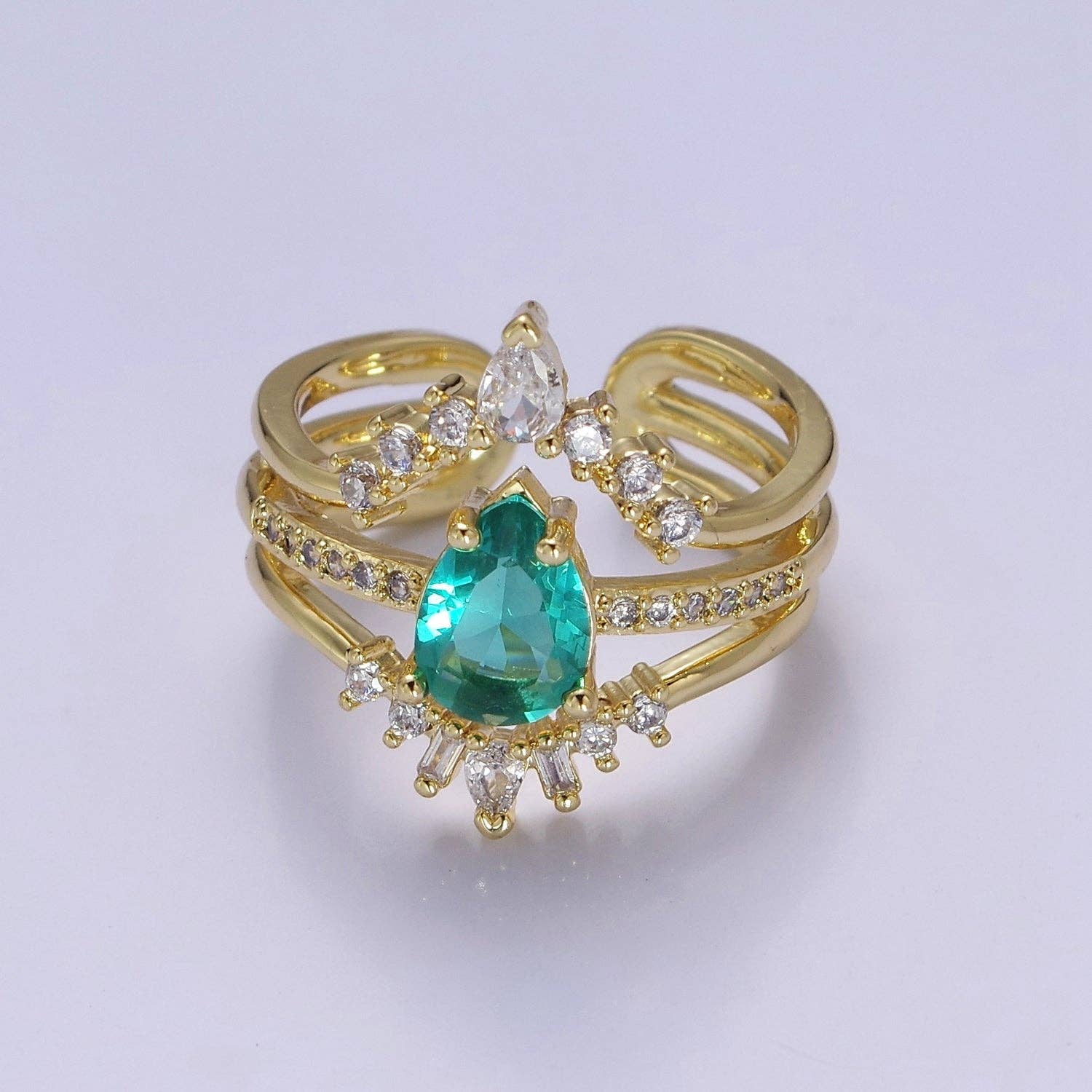Teardrop Aqua CZ March Birthstone Micro Paved Triple Band Statement Gold Ring | O-2182