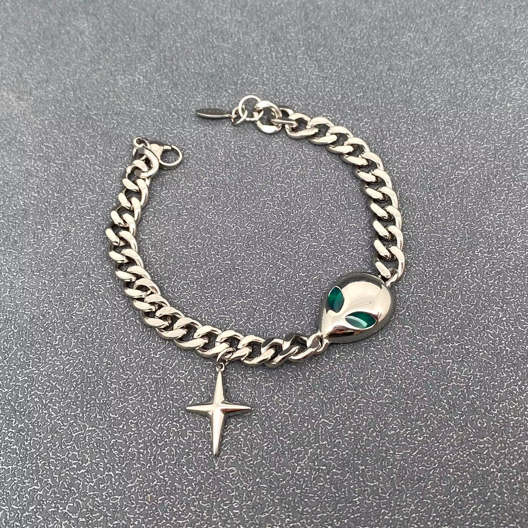 Unisex Stainless Steel ET Charm Cuban Chain Bracelet - MJ