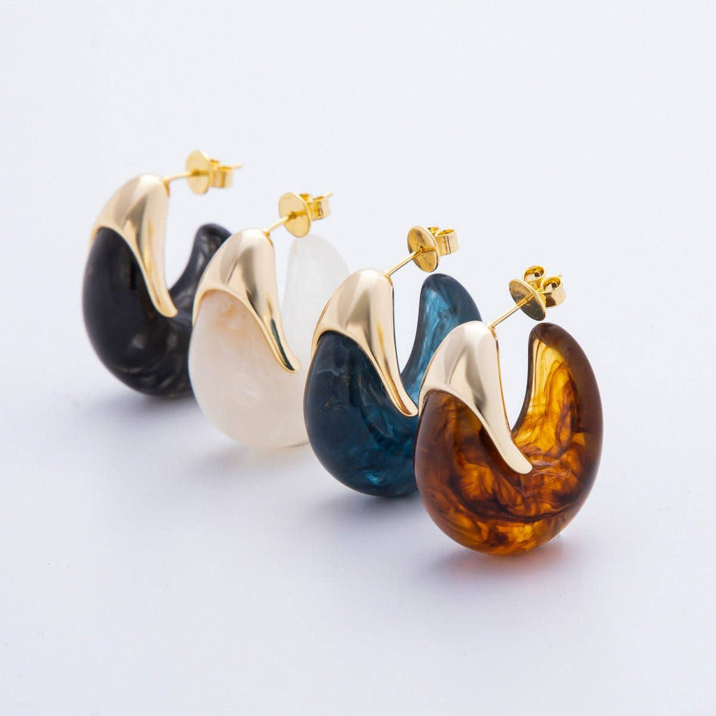 18K Gold Filled 35mm Blue, White, Brown Resin J-Shaped Hoop Earrings | AJ249 - AJ252