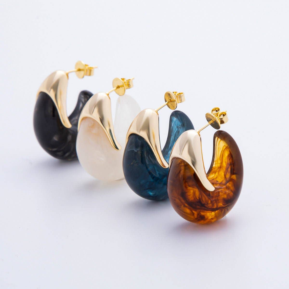 18K Gold Filled 35mm Blue, White, Brown Resin J-Shaped Hoop Earrings | AJ249 - AJ252