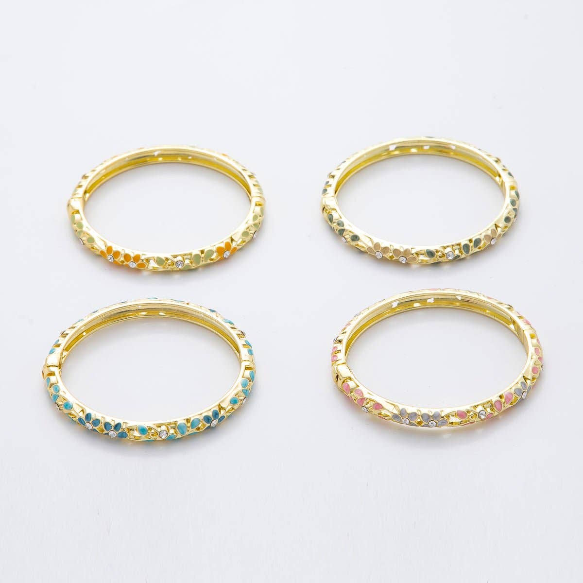 14K Gold Filled Round Pink, Green, Orange, Blue Enamel Artisan Daisy Flower Bangle | WA-292 WA-300 WA-323 WA-370