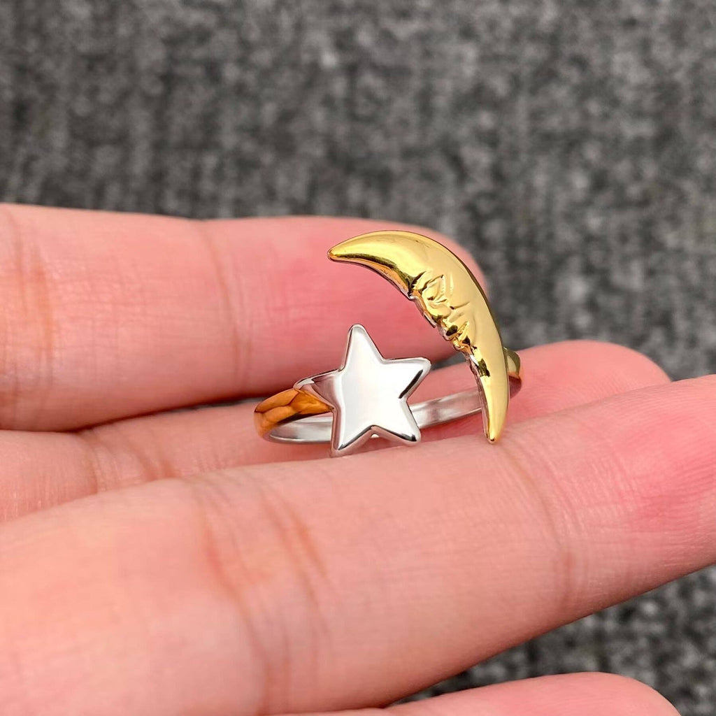Two Tone 18K Gold Plated S.Steel Star Moon Ring - FGS/MS