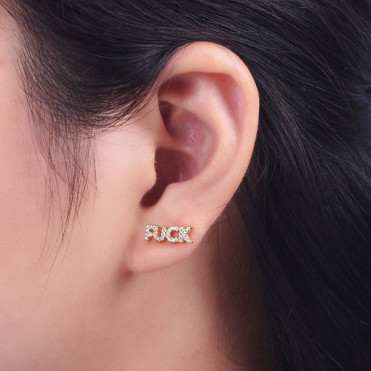 Dainty 16K Gold Filled "FUCK" Script Micro Paved CZ Stud Earrings | Y273