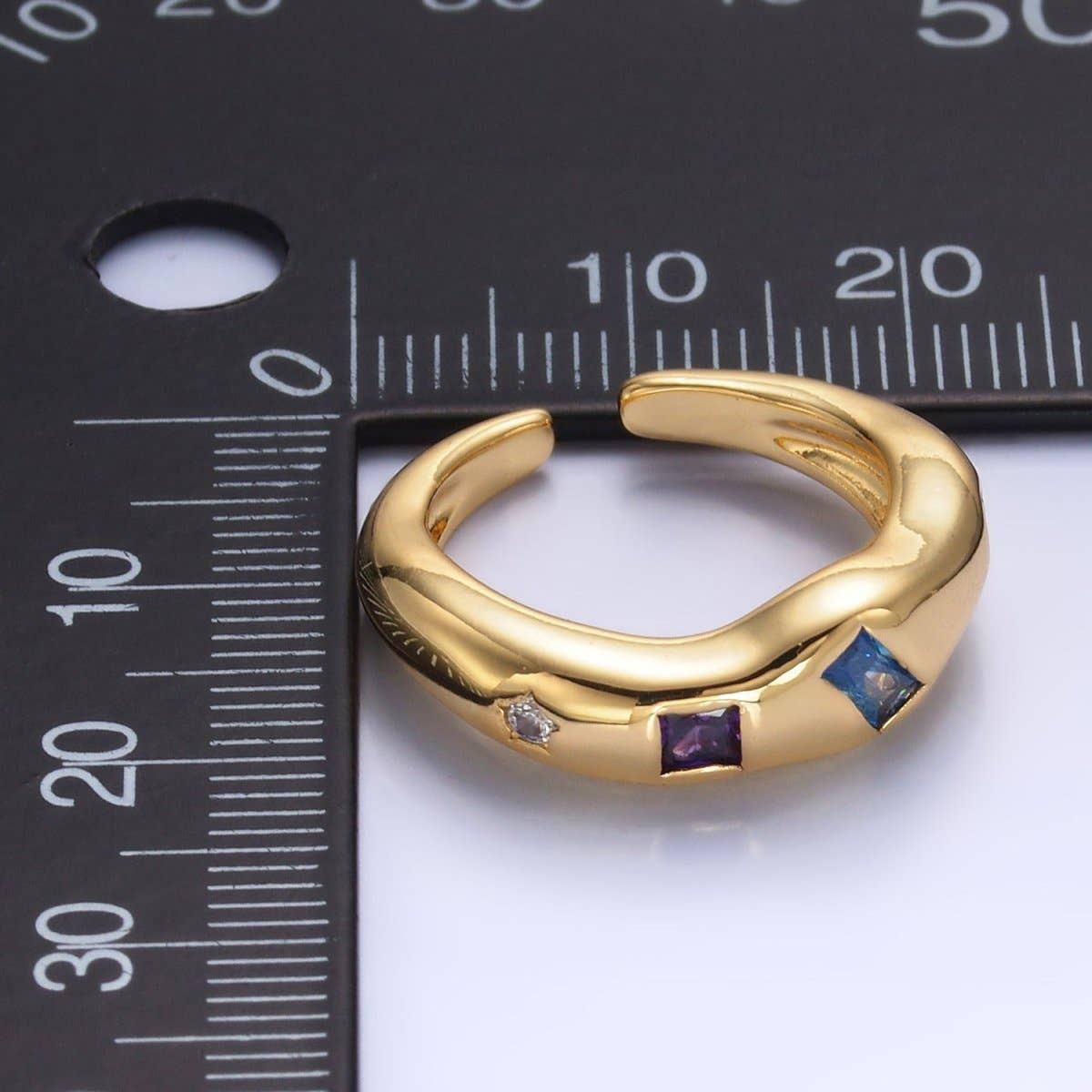 24K Gold Filled Multicolor Baguette CZ Geometric Molten Band Ring in Silver & Gold | O756 O761