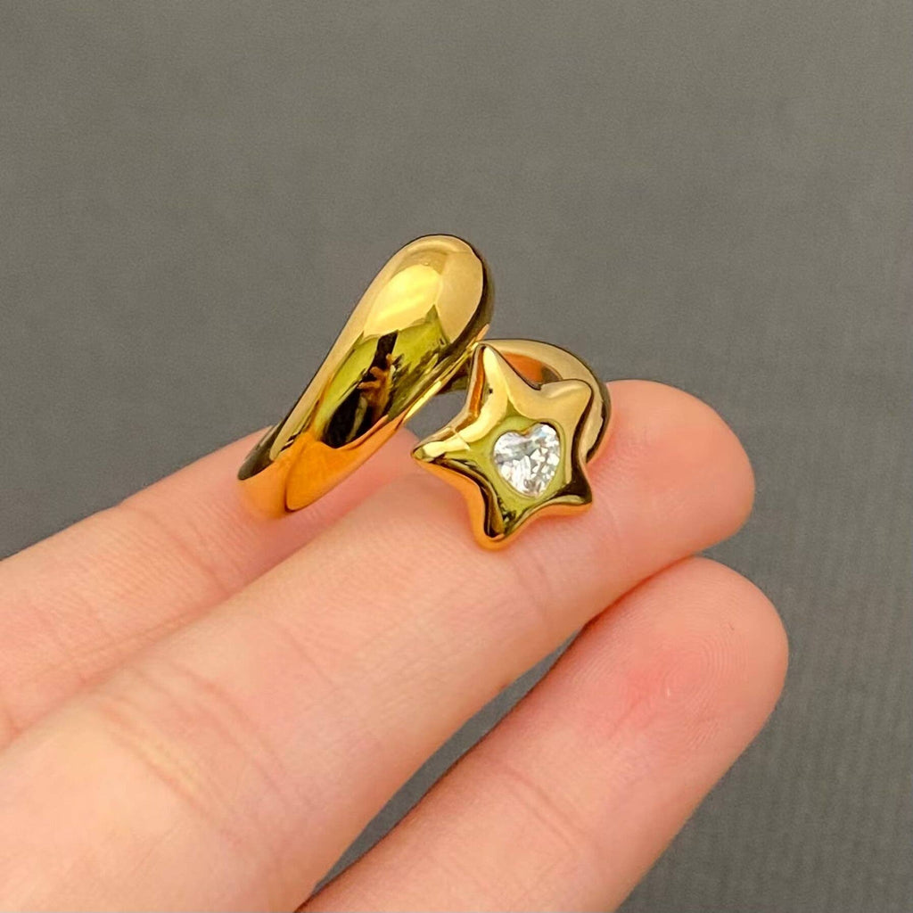 Zircon Star 18K Golden Stainless Steel Ring - FGS/MS