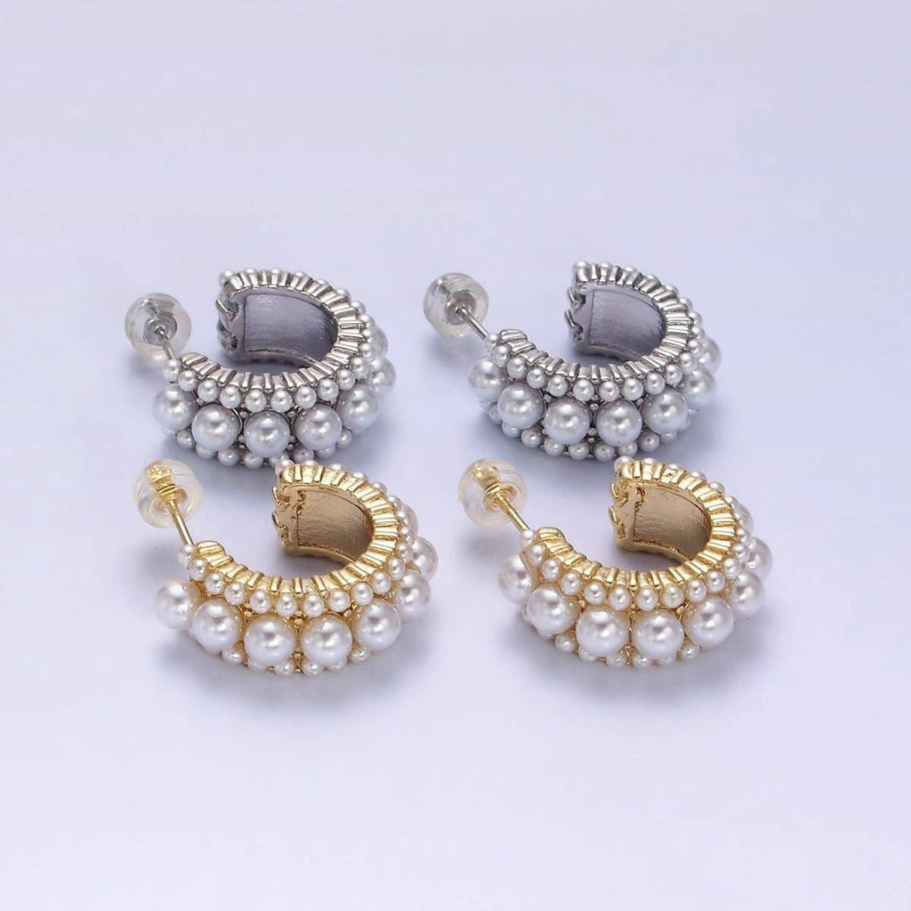14K Gold Filled 20mm Triple White Pearl Lined C-Shaped Hoop Earrings in Gold & Silver | AD-455 AD-460