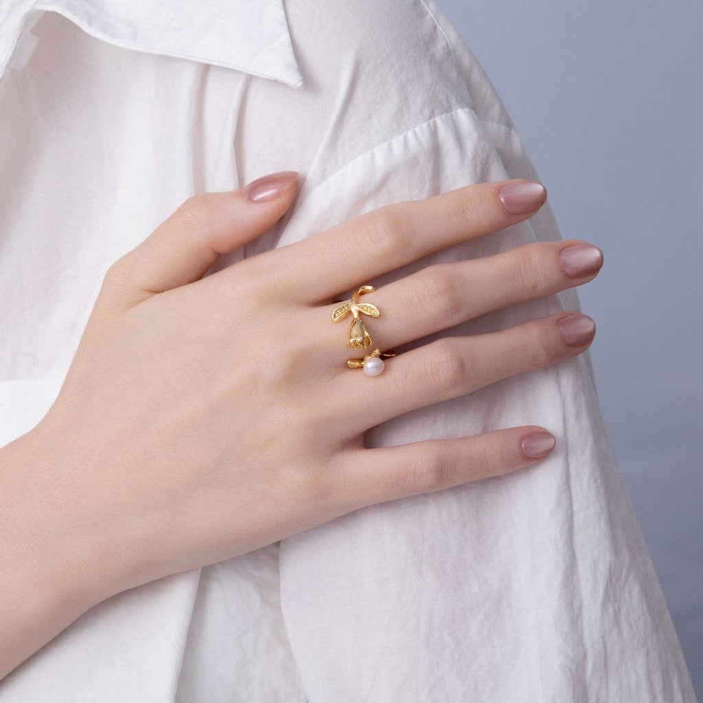 18K Gold Filled White, Pink Shell Pearl Rose Flower Leaf Wrap Ring | O799