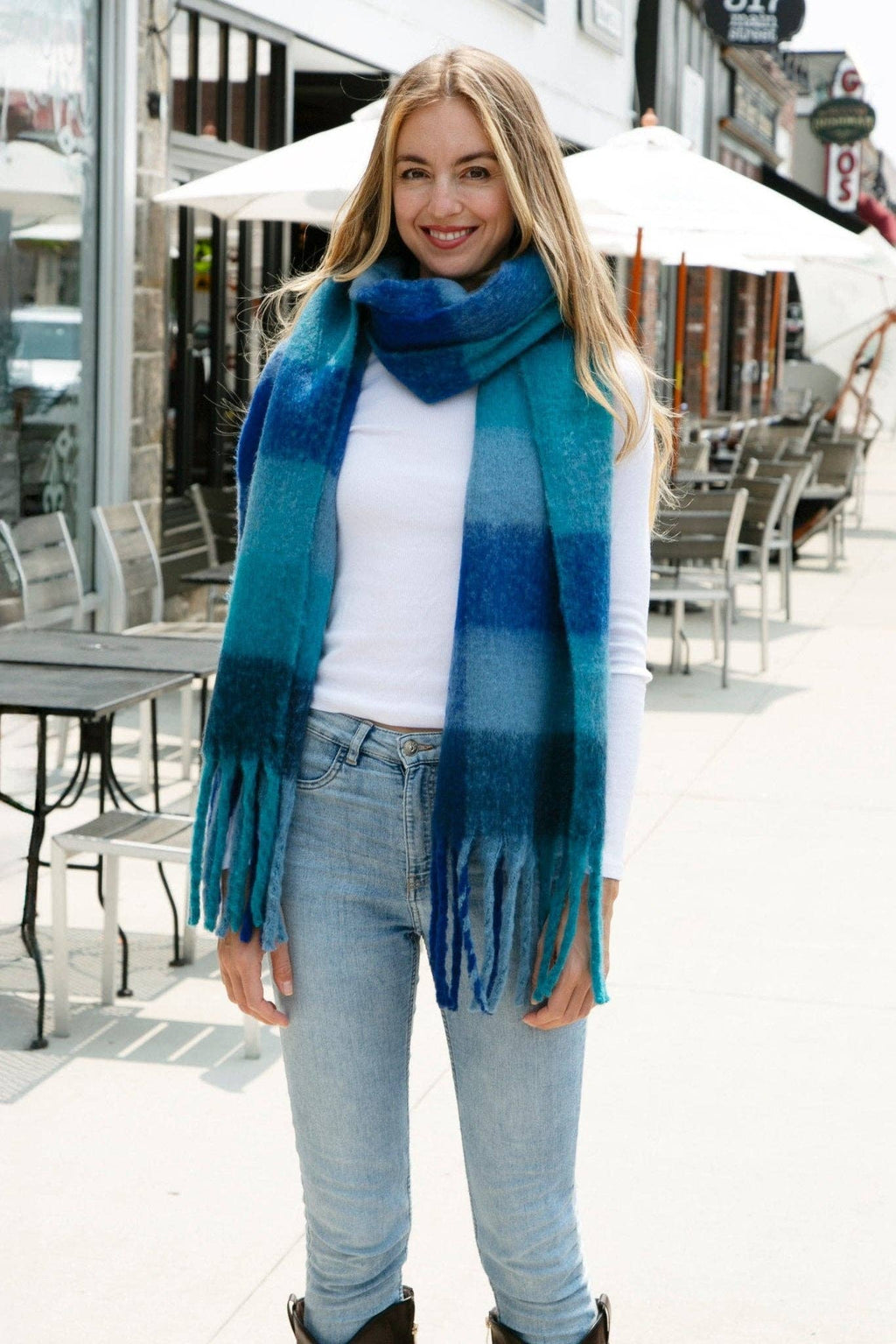 JS2415 Plaid Oblong Scarf with Fringe
