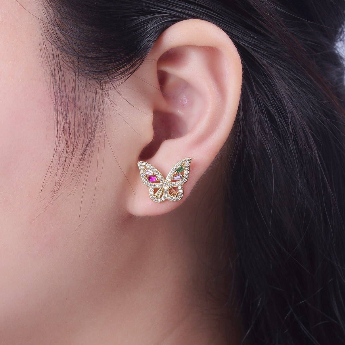 24K Gold Filled Micro Paved Clear Rainbow Butterfly Mariposa Studs Earrings | AD-514