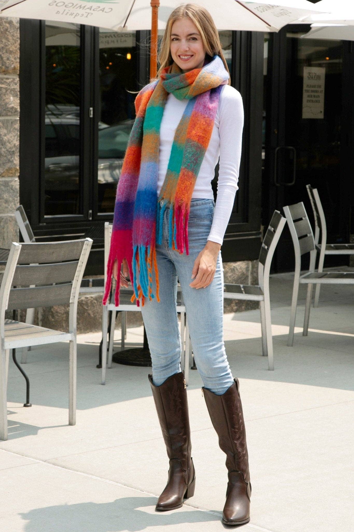 JS2415 Plaid Oblong Scarf with Fringe