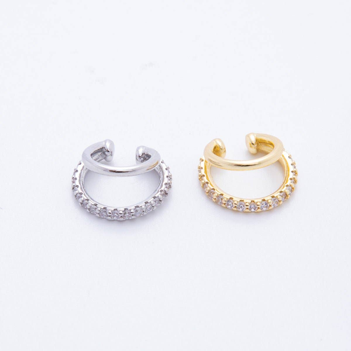 18K Gold Filled Micro Paved CZ Double Band Ear Cuff Earrings in Gold & Silver | AI-00262