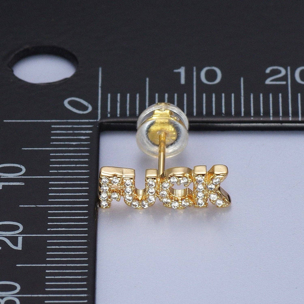 Dainty 16K Gold Filled "FUCK" Script Micro Paved CZ Stud Earrings | Y273