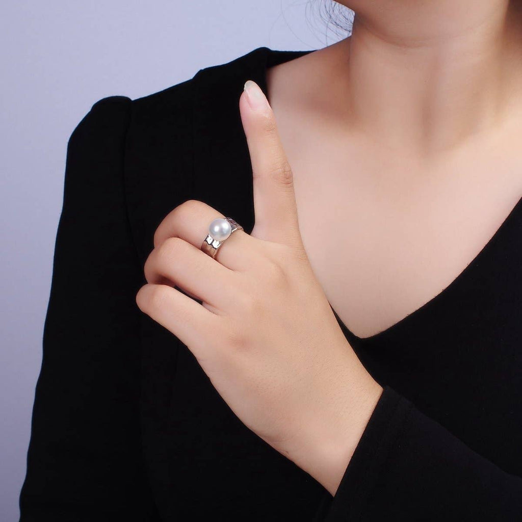 14K Gold Filled White Pearl Hammered Wide Band Ring in Gold & Silver | O1096 O1097