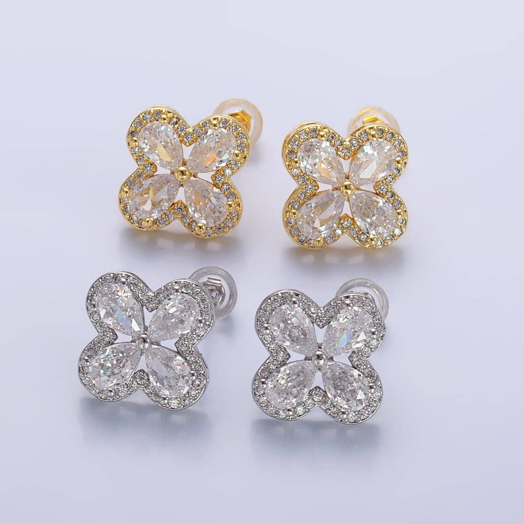 24K Gold Filled Clear CZ Micro Paved CZ Quatrefoil Stud Earrings in Gold & Silver | AB688 AB689