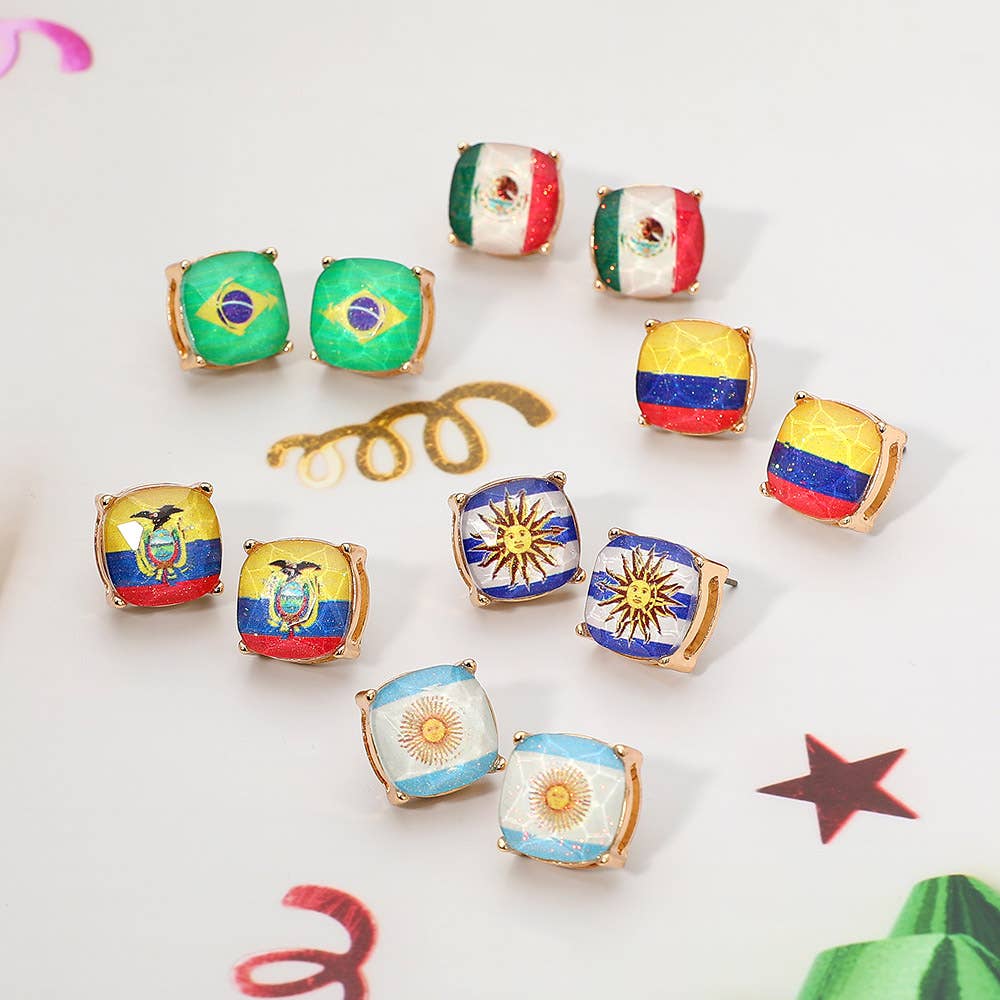 Argentina Flag Printed Faceted Cushion Stud Earrings