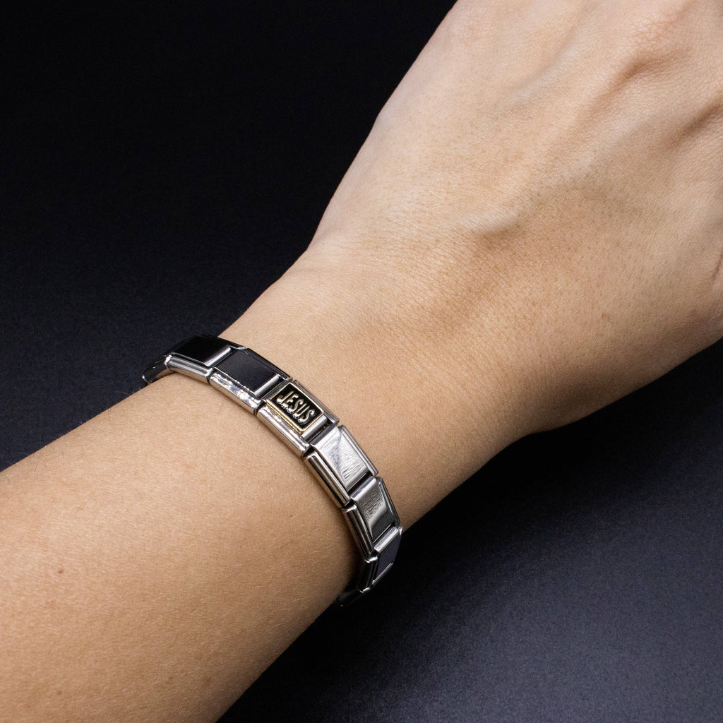 Italian Bracelet Charms - "JESUS" (Black & Gold) Religious 9mm Links