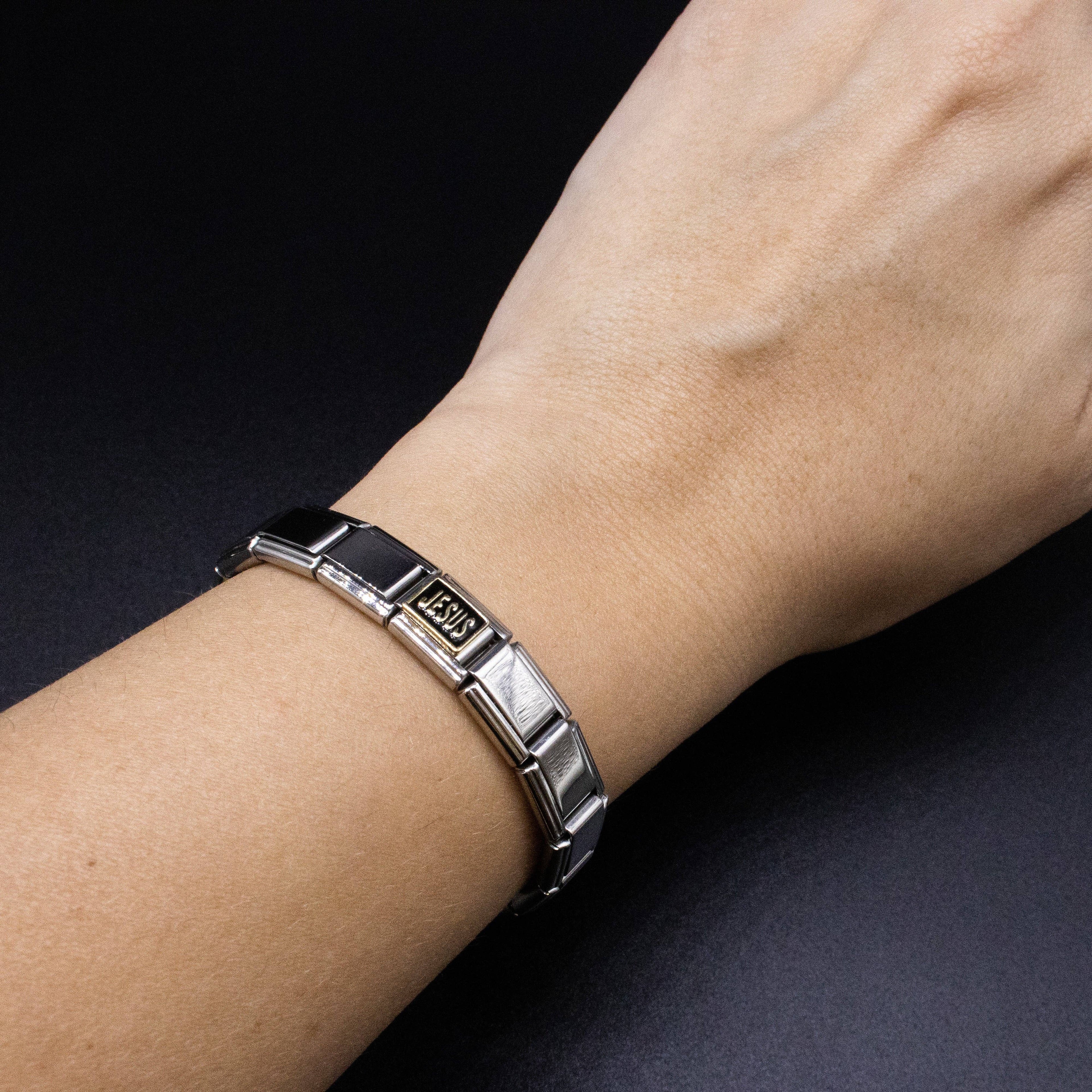 Italian Bracelet Charms - "JESUS" (Black & Gold) Religious 9mm Links