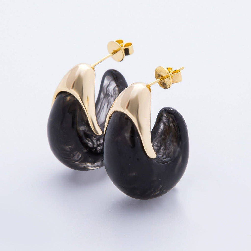 18K Gold Filled 35mm Blue, White, Brown Resin J-Shaped Hoop Earrings | AJ249 - AJ252