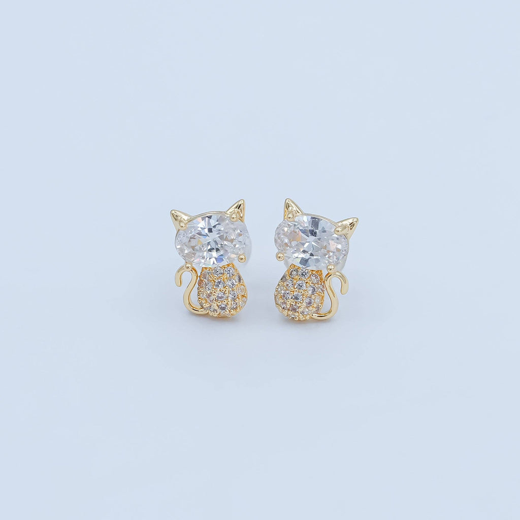 24K Gold Plated Micro Paved CZ Kitten Cat Stud Earrings Set in Gold & Silver | AB222 AB223