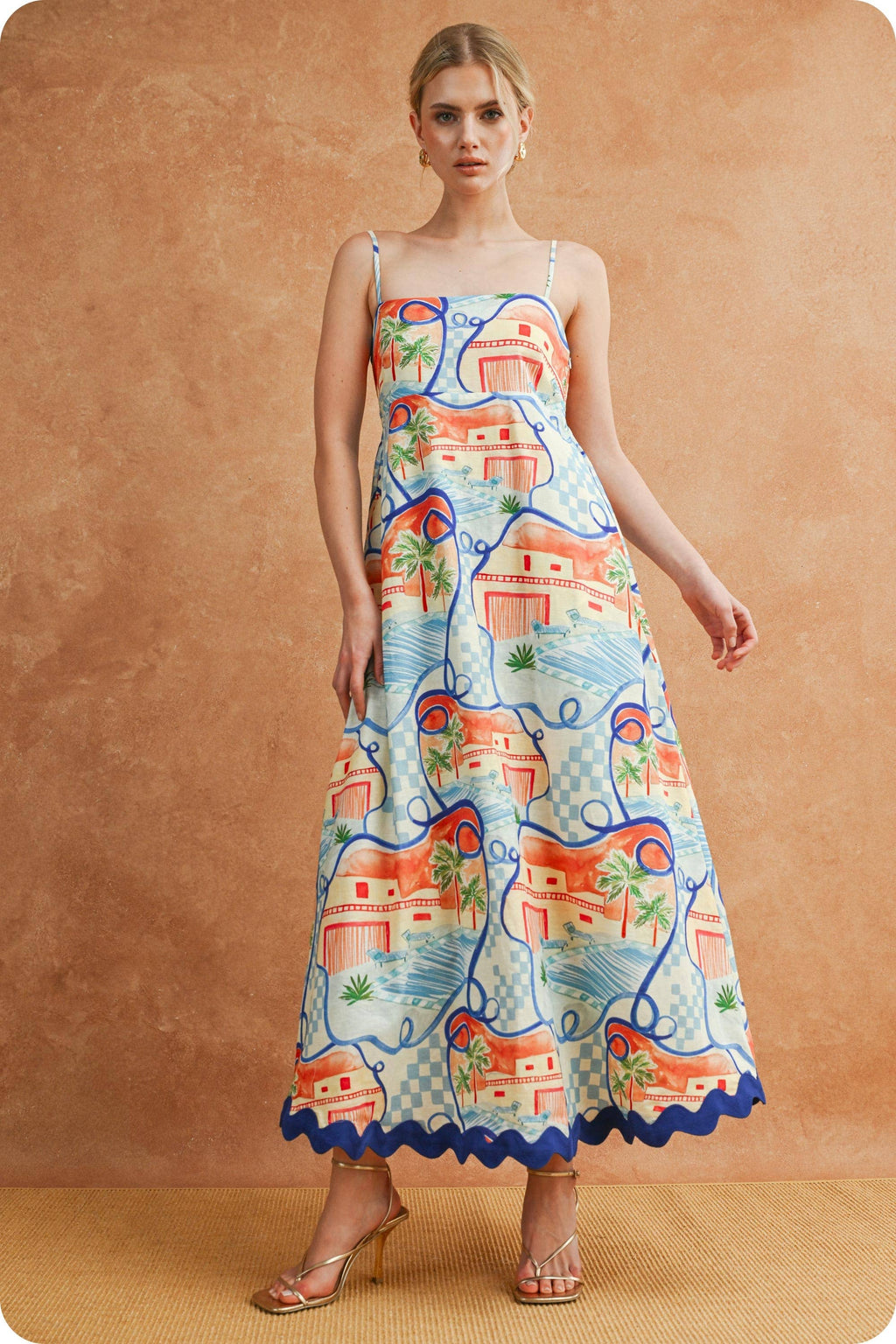 Riviera Dream Scalloped Sleeveless Midi Dress