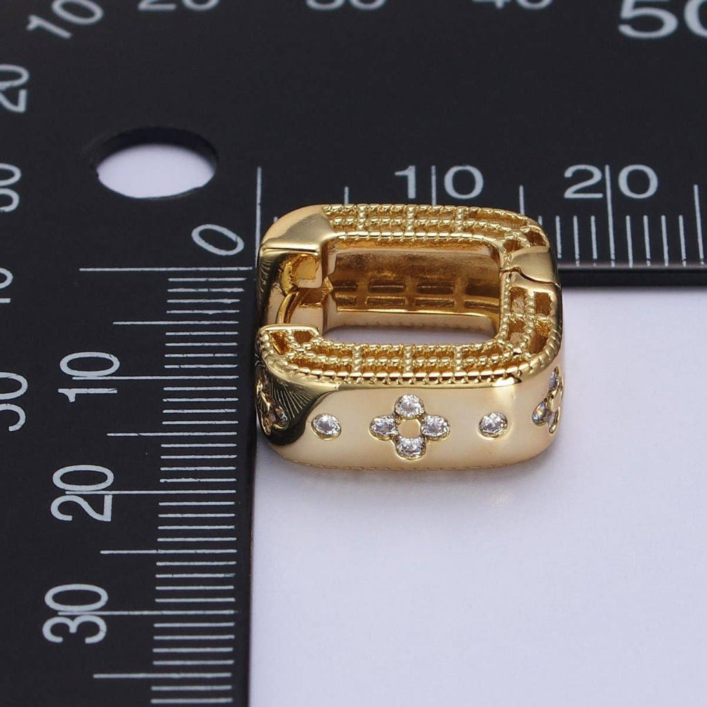 24K Gold Filled Clear Quatrefoil CZ Square Huggies Earrings | AB196