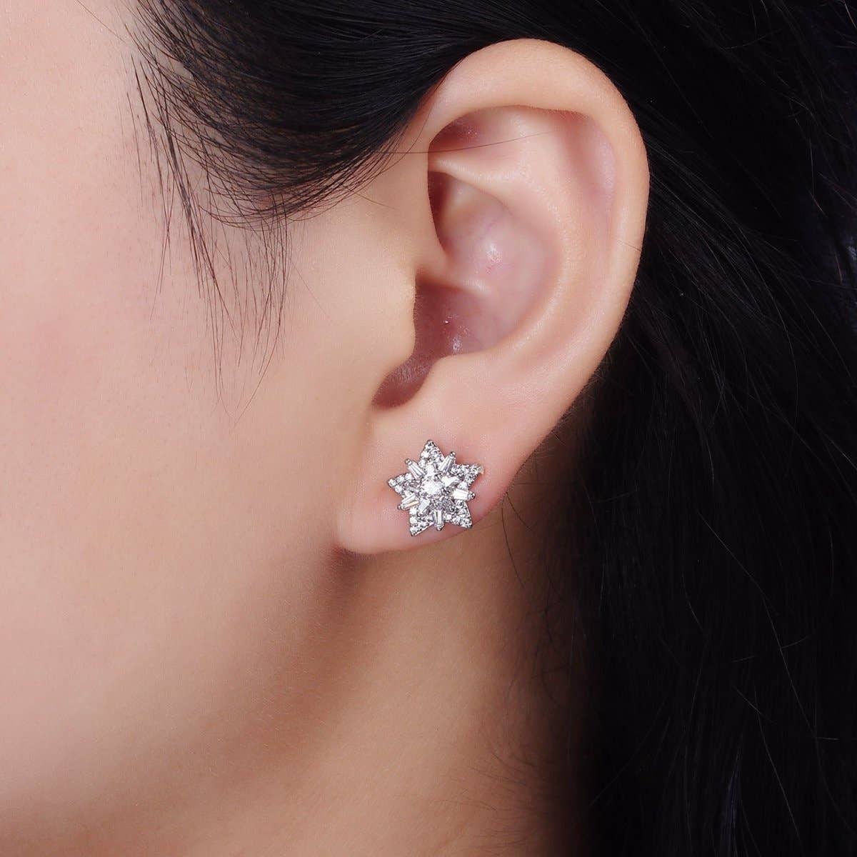 14K Gold Filled Celestial Star Baguette Micro Paved CZ Stud Earrings in Gold & Silver | V271