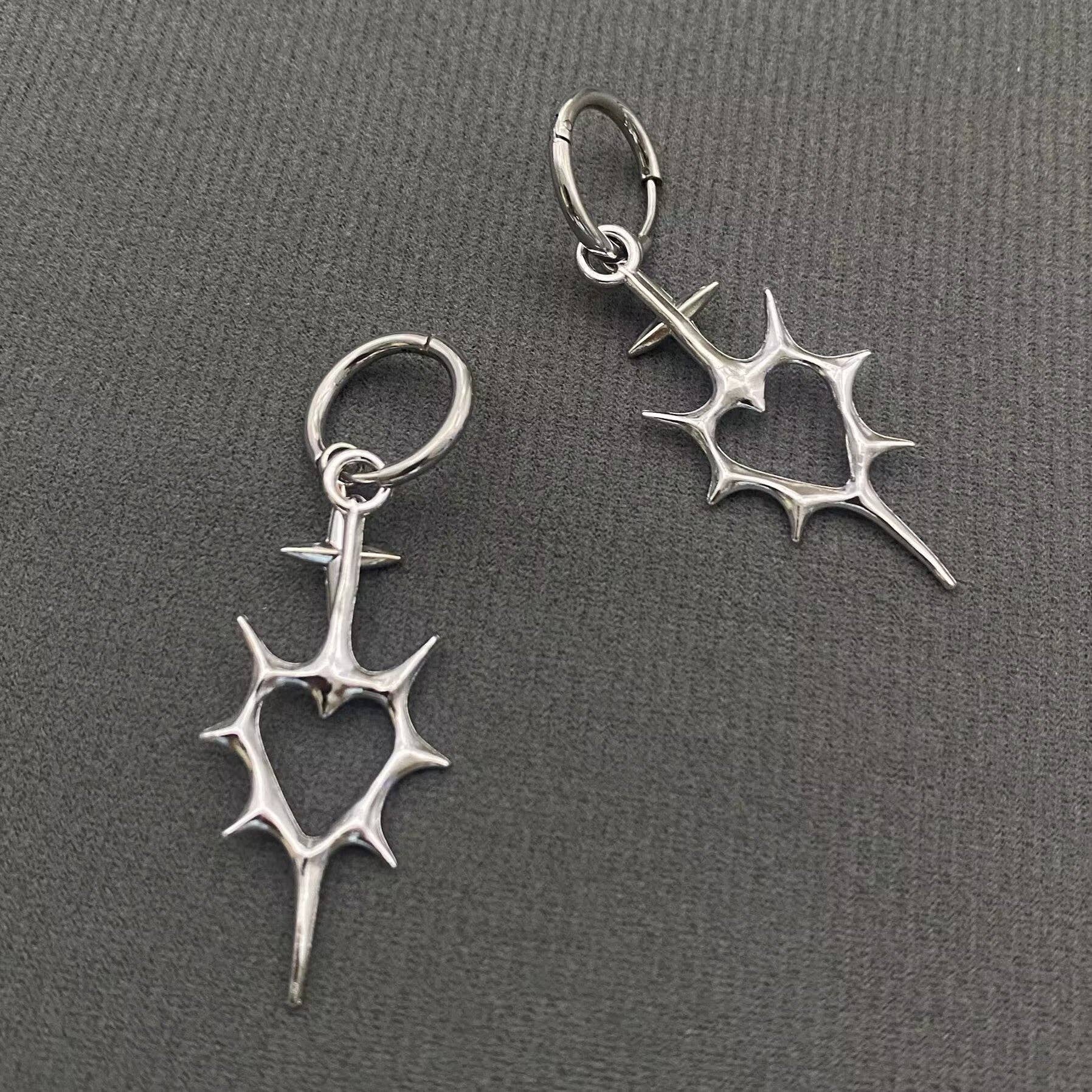 Gothic Silver Tone Thorns Hollow Heart Huggie Earrings - GT