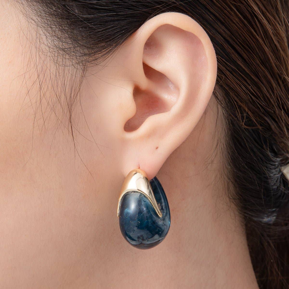 18K Gold Filled 35mm Blue, White, Brown Resin J-Shaped Hoop Earrings | AJ249 - AJ252