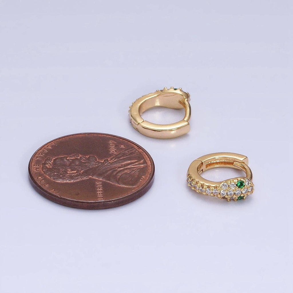 16K Gold Filled Green-Eyed CZ Snake Serpent Huggie Earrings
