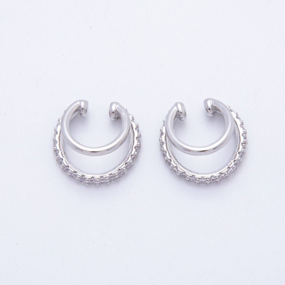 18K Gold Filled Micro Paved CZ Double Band Ear Cuff Earrings in Gold & Silver | AI-00262