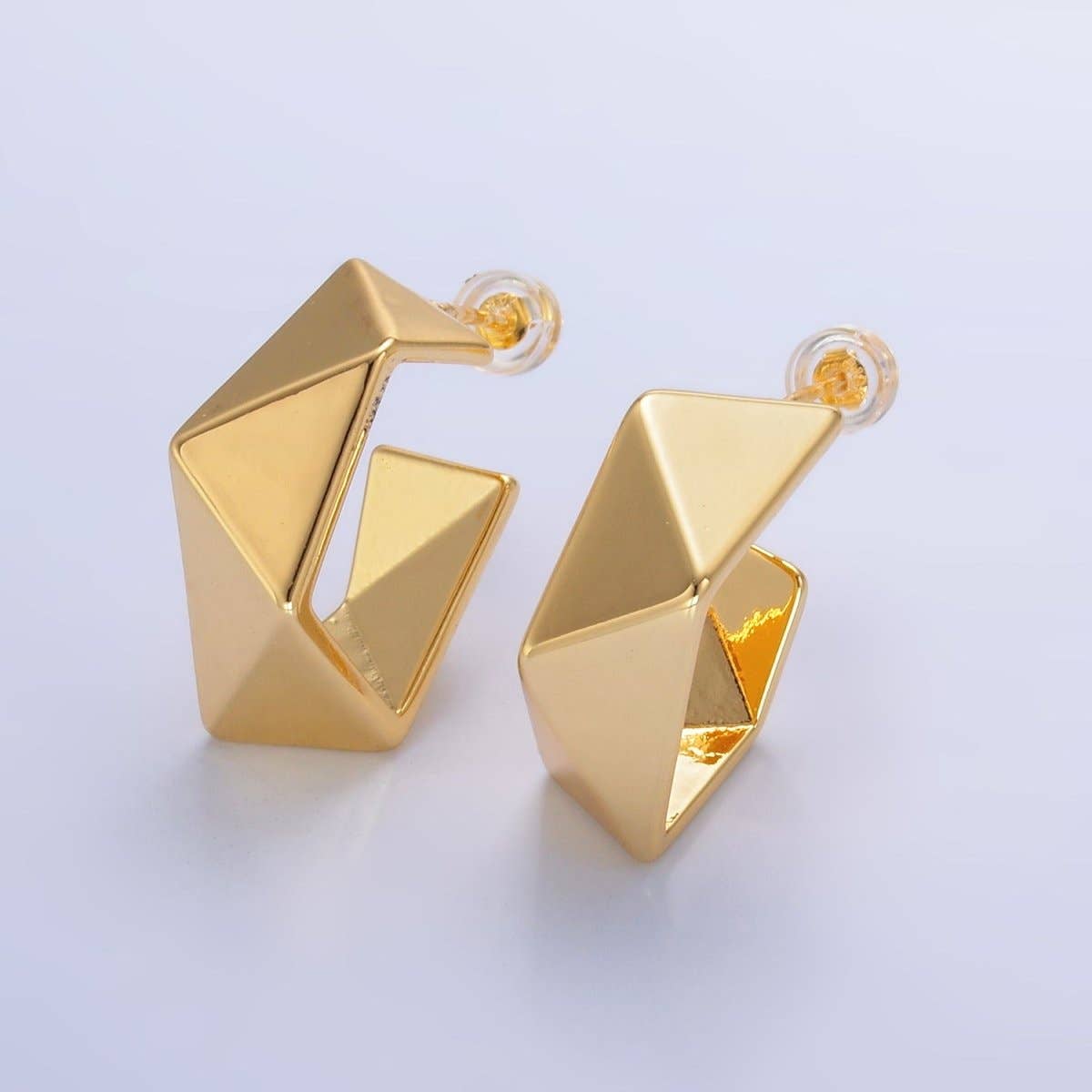 24K Gold Filled 22mm Geometric Edged C-Shaped Hoop Earrings in Gold & Silver | AB879 AB880