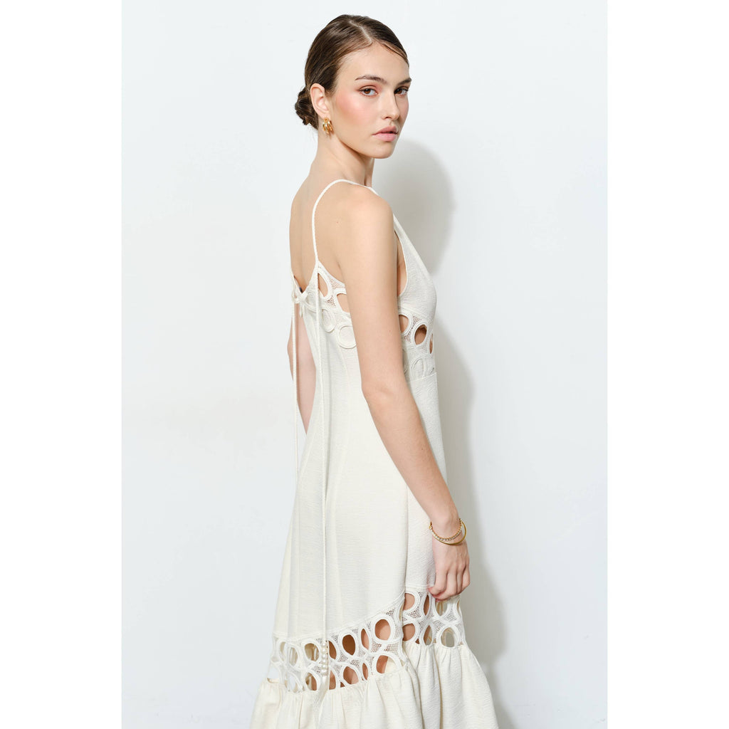Chic Textured Lace Halter Tassel Draped Midi Dress