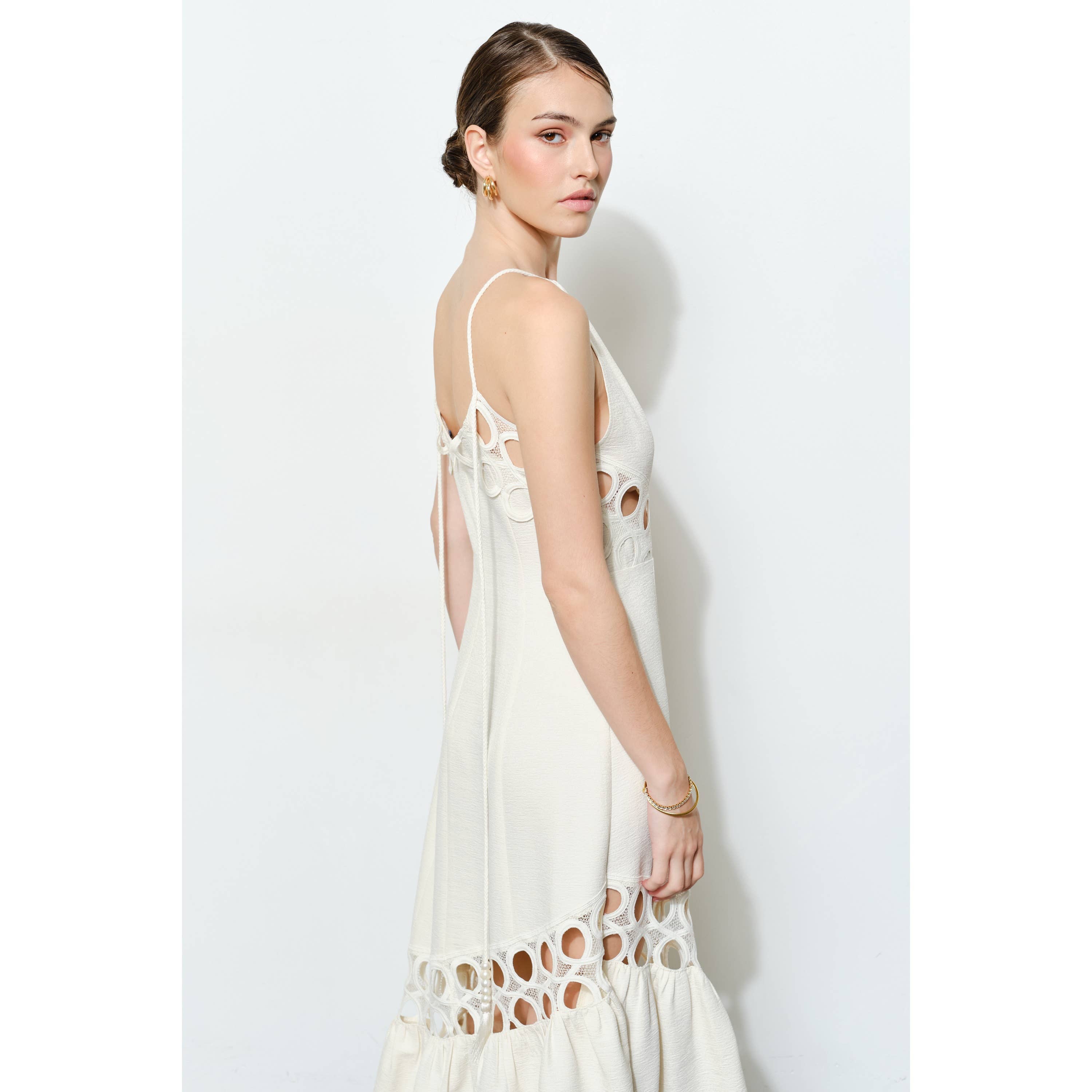Chic Textured Lace Halter Tassel Draped Midi Dress