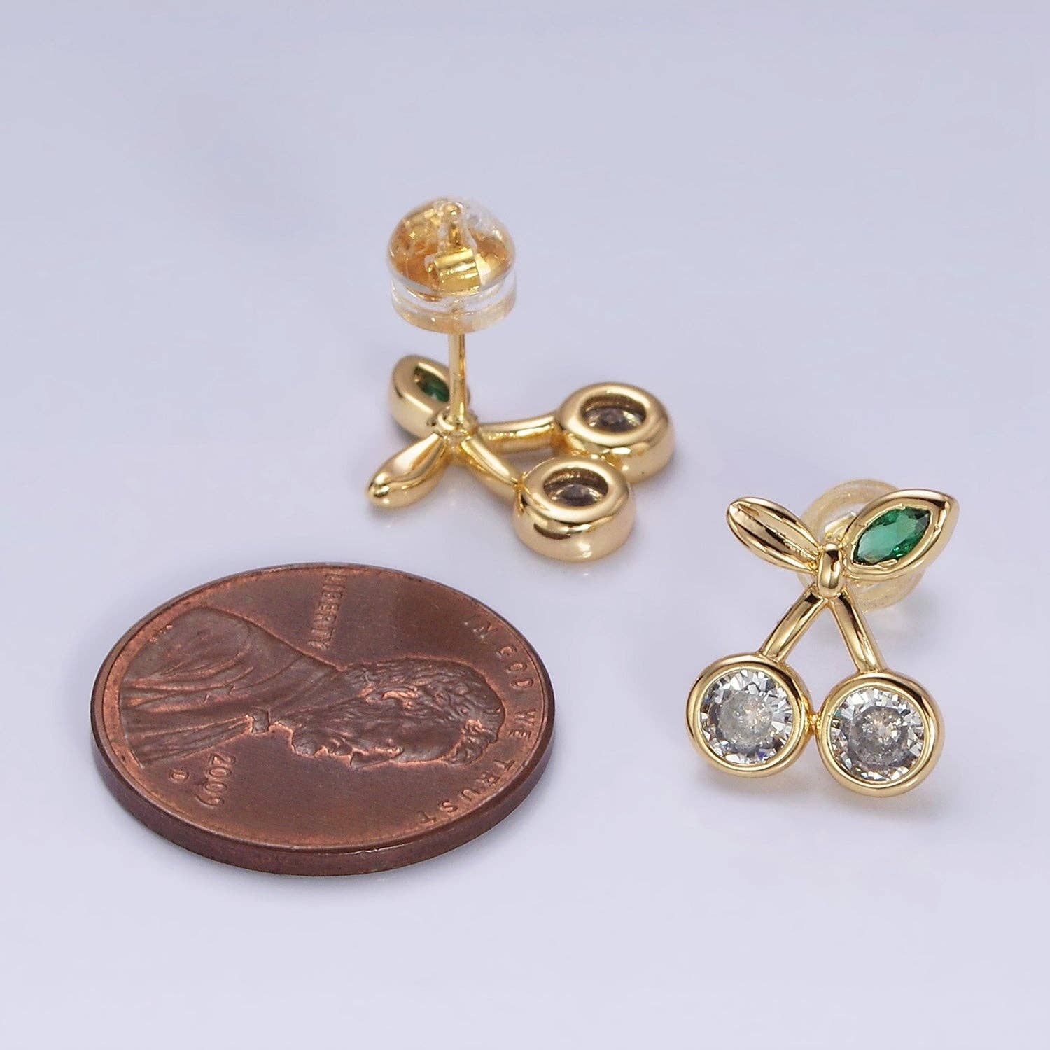 Gold Filled Clear CZ Cherry Fruit Green Leaf Stud Earrings