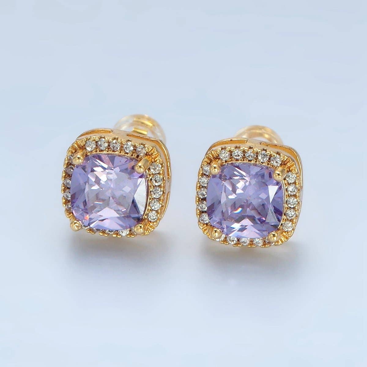 24K Gold Filled Purple Square Micro Paved CZ Stud Earrings | AD742