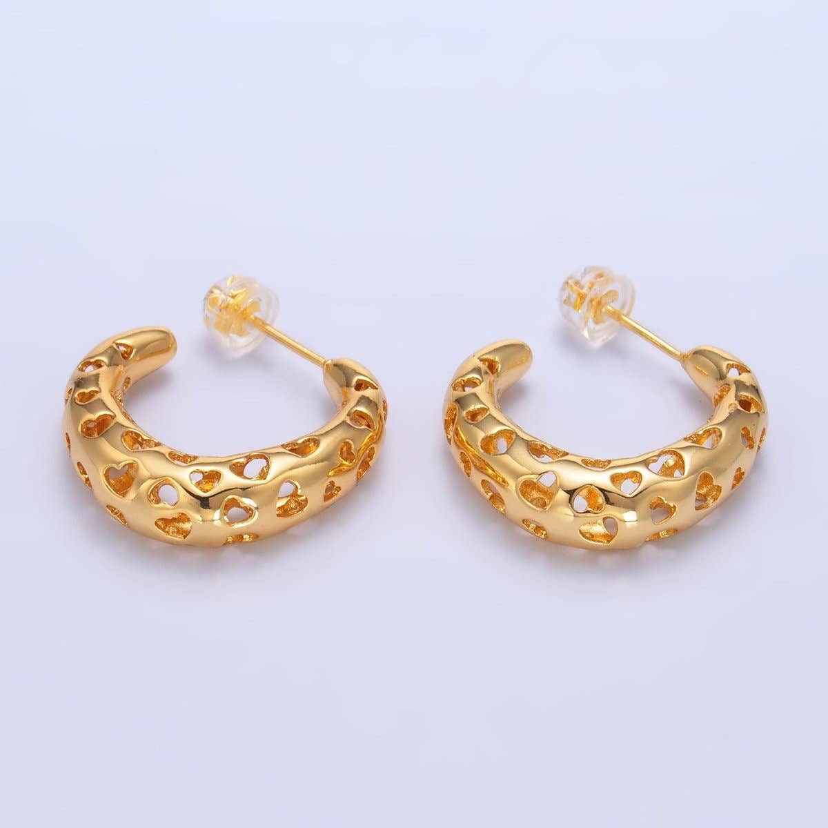 24K Gold Filled Heart Open Filigree C-Shaped Hoop Earrings | AB738
