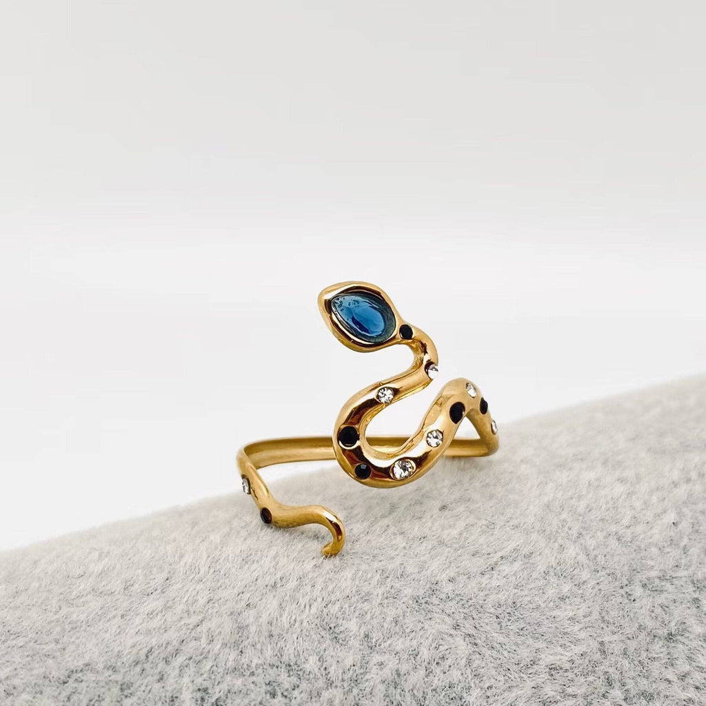 Inlaid Cubic Zirconia Snake Golden Stainless Steel Ring-FGS