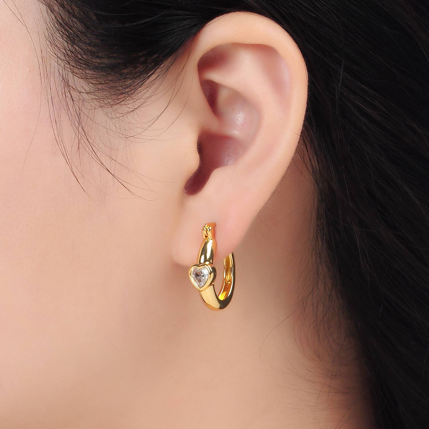 24K Gold Filled Heart CZ Oblong Latch Hoop Earring | AB-1229